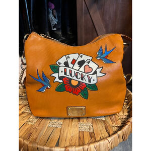 Women's Michael Kors Hand Painted Brown Leather Shoulder Bag Upcycled